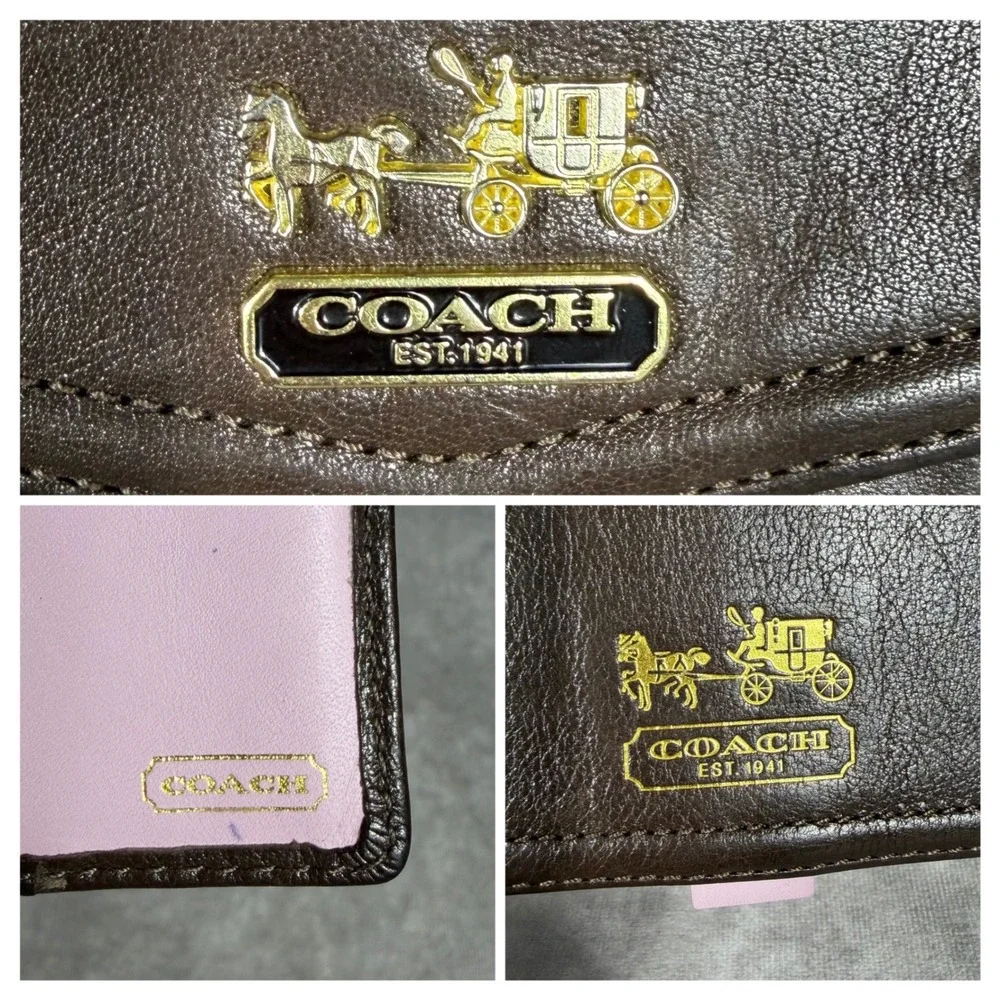 Vtg Y2K Coach Madison Brown Pink Leather Wallet & Checkbook Set Gold Carriage